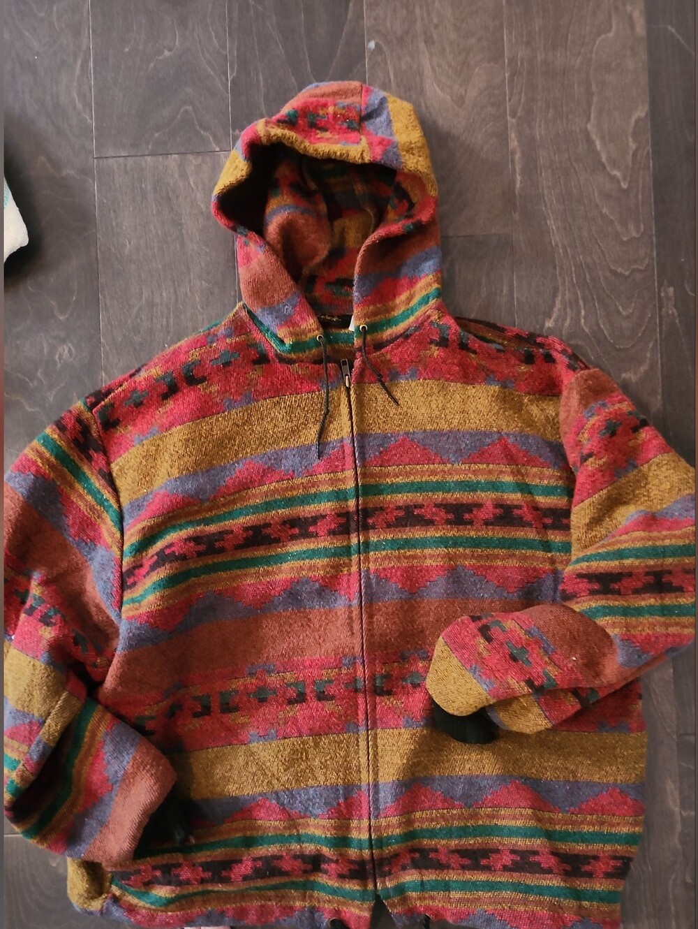 Vintage Aztec Hippie  Y2k Multicolor Hooded Zip Sweater – Red, Mustard, Green